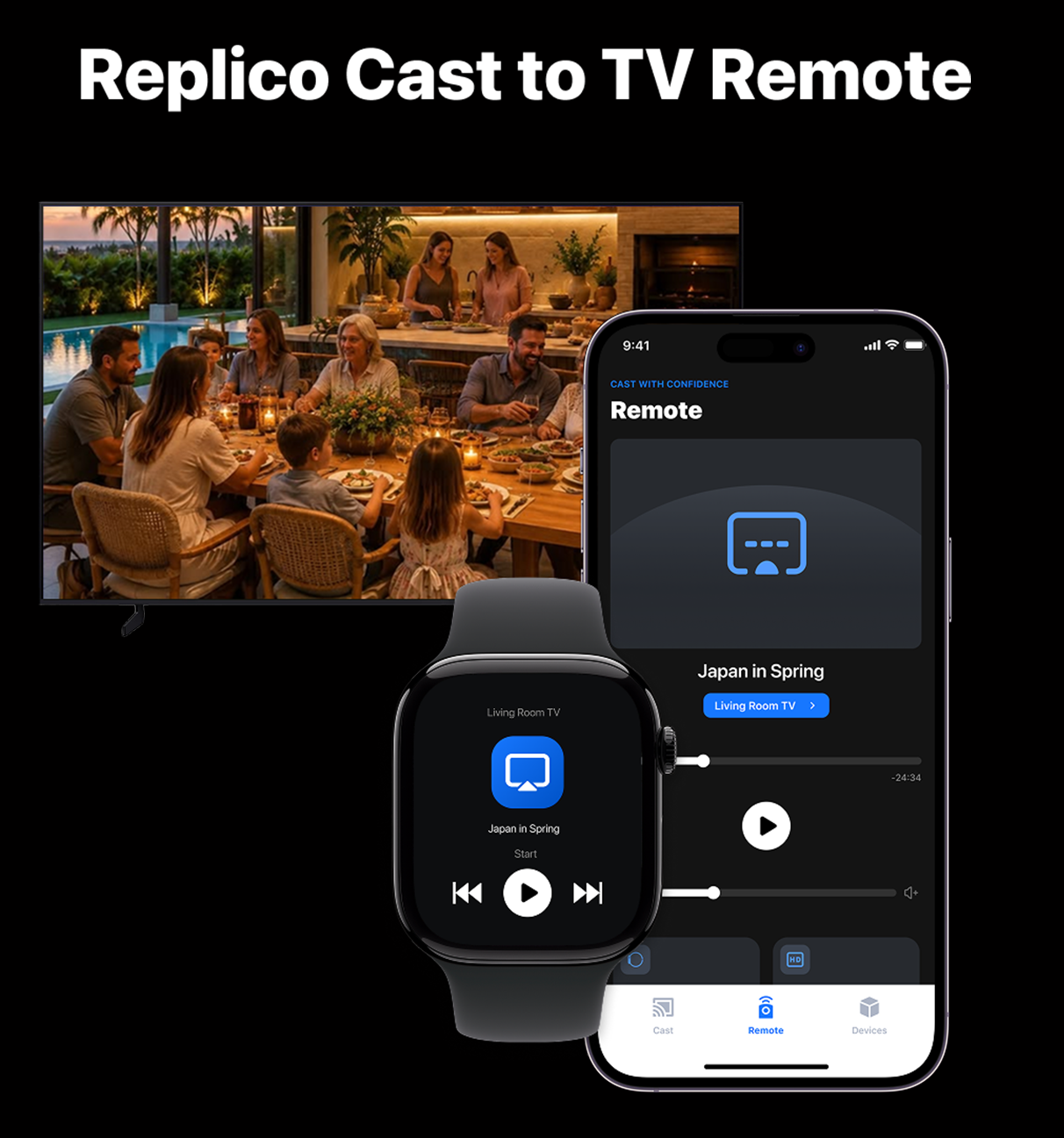 Illustration of casting to a TV with iPhone and Apple Watch remote controls